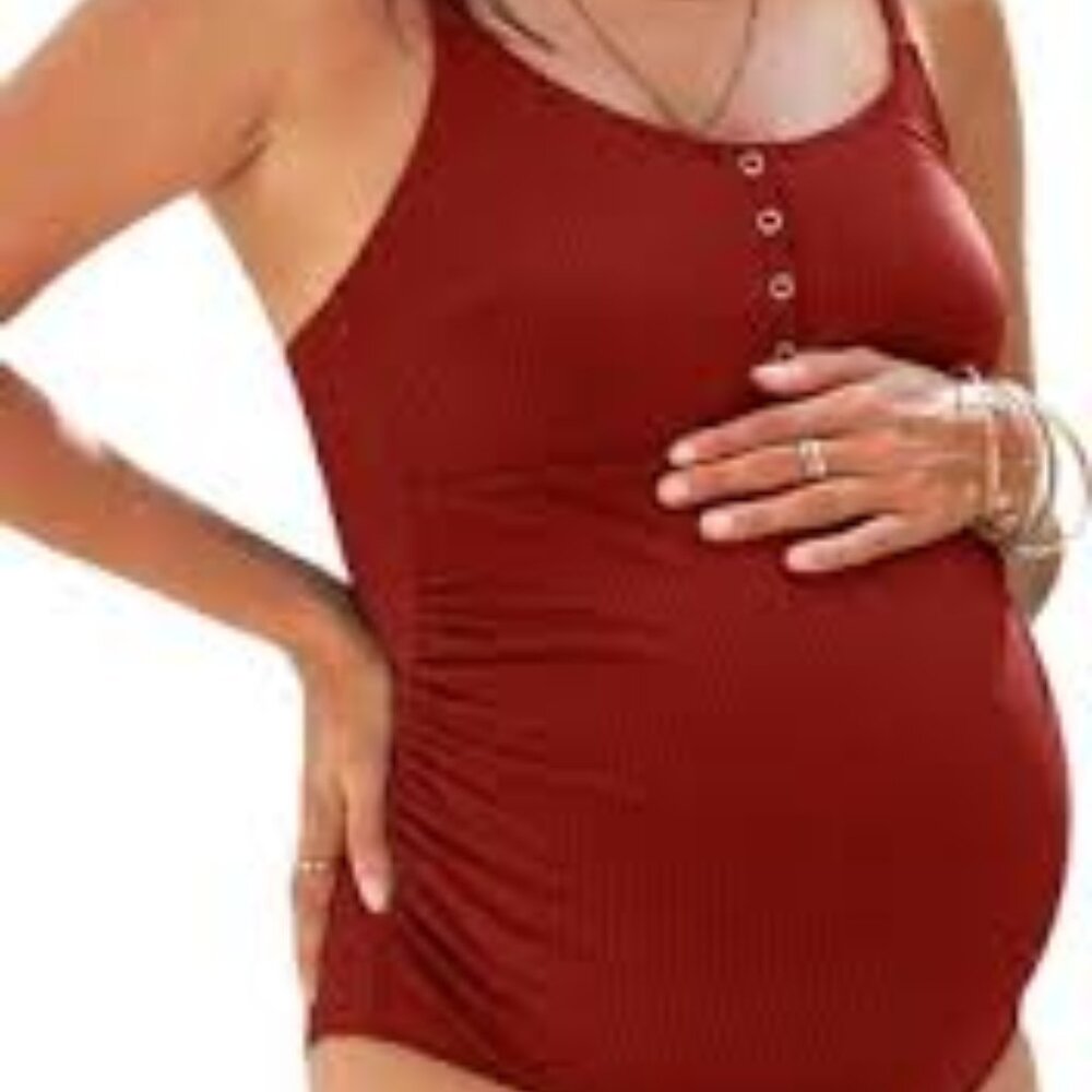 CUPSHE RUSTIC COPPER RIBBED CUTOUT BACK RUCHED MATERNITY SWIMSUIT SIZE LARGE NWT - Picture 6 of 8